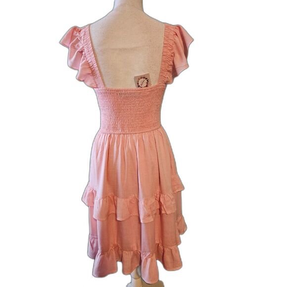 Ruffle Pink Boho Smocked Babydoll Mini Dress Flowy Beach Sundress Sz M - Picture 7 of 8